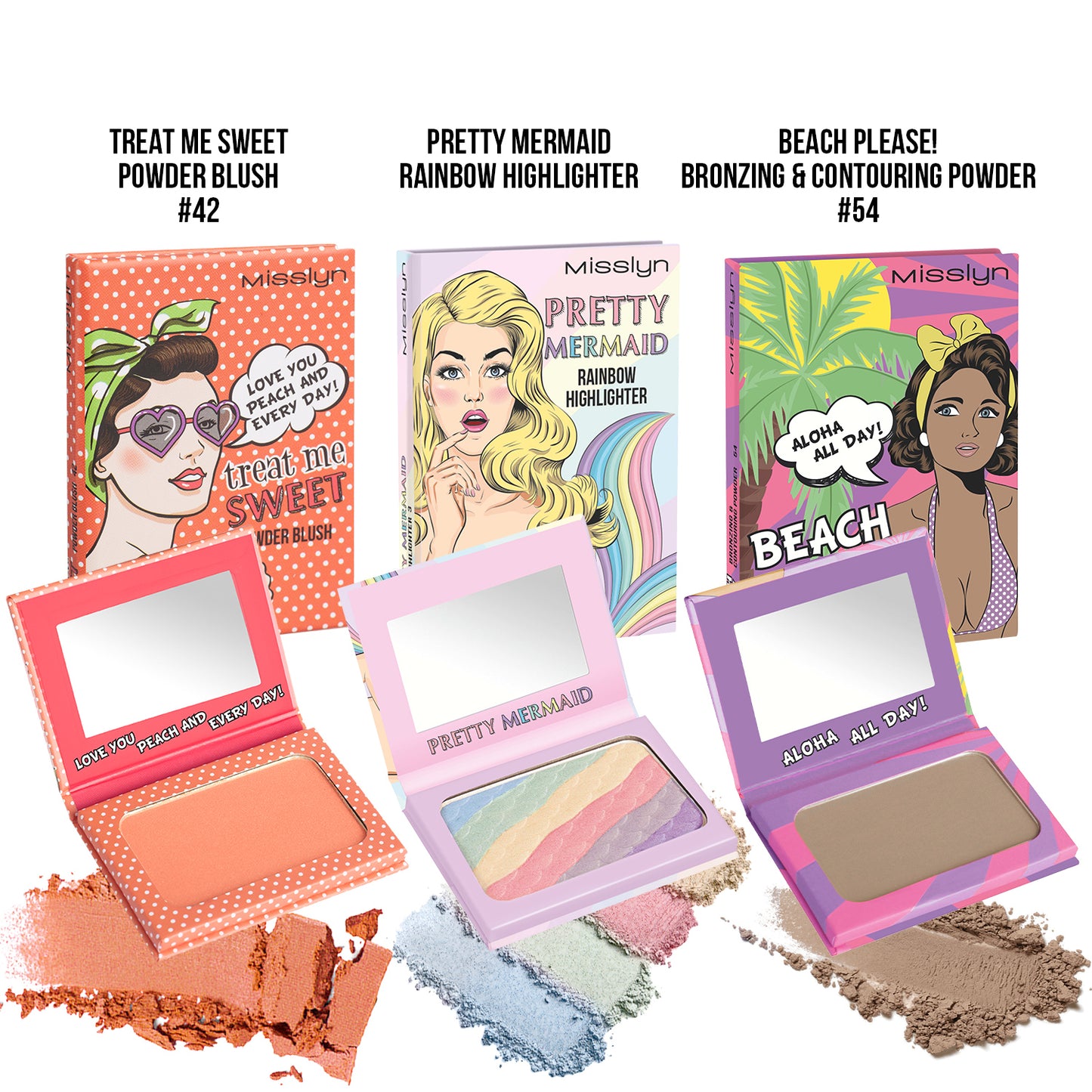 TREAT ME SWEET POWDER BLUSH & PRETTY MERMAID RAINBOW HIGHLIGHTER & BEACH PLEASE! BRONZING & CONTOURING POWDER