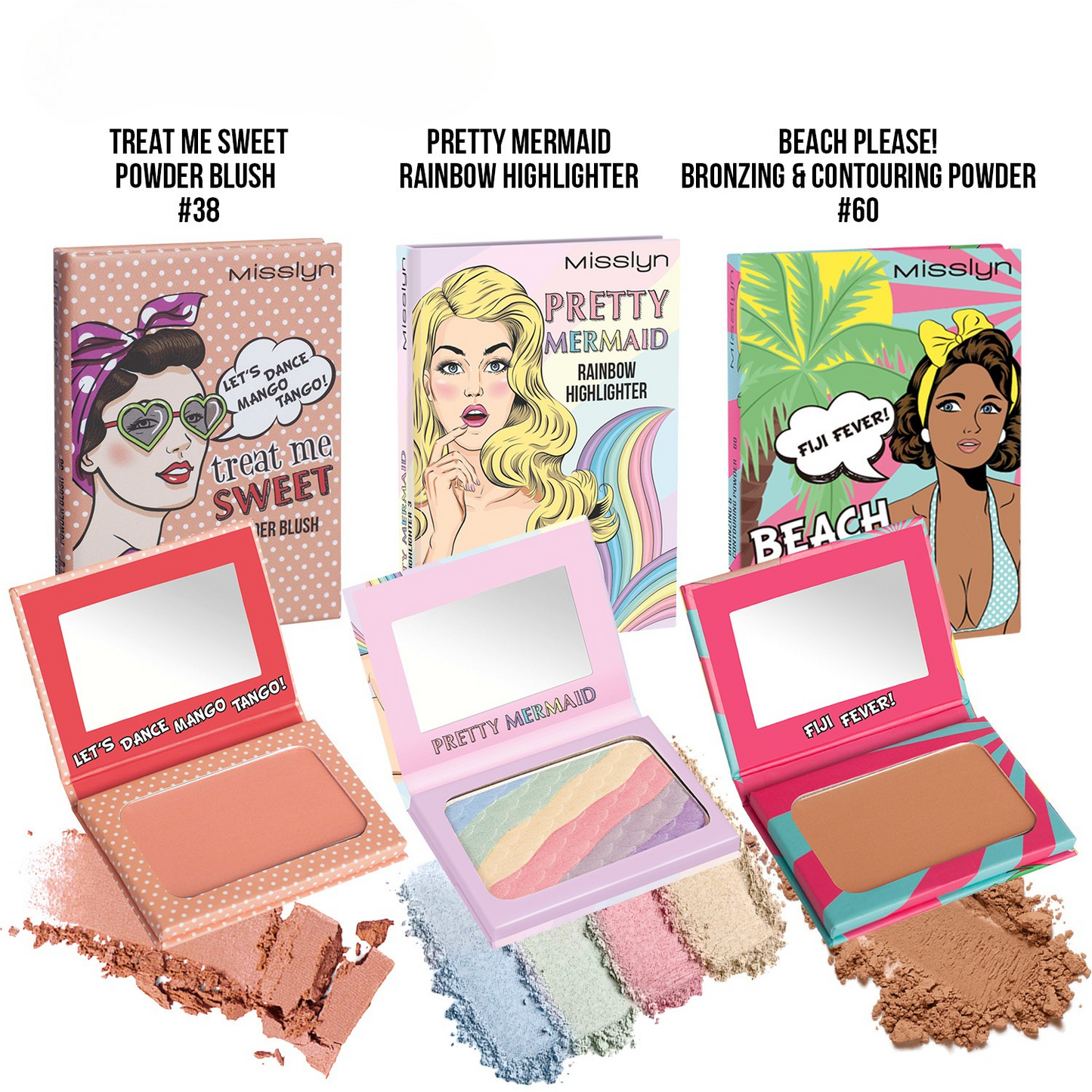 TREAT ME SWEET POWDER BLUSH & PRETTY MERMAID RAINBOW HIGHLIGHTER & BEACH PLEASE! BRONZING & CONTOURING POWDER