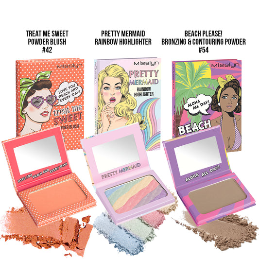 TREAT ME SWEET POWDER BLUSH & PRETTY MERMAID RAINBOW HIGHLIGHTER & BEACH PLEASE! BRONZING & CONTOURING POWDER