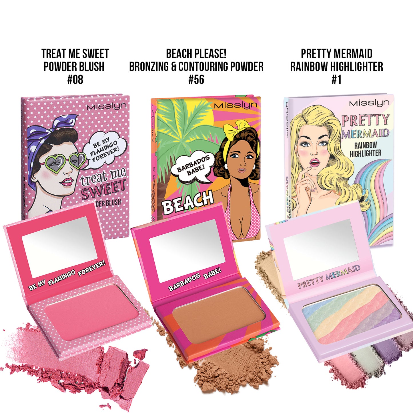 TREAT ME SWEET POWDER BLUSH & PRETTY MERMAID RAINBOW HIGHLIGHTER & BEACH PLEASE! BRONZING & CONTOURING POWDER