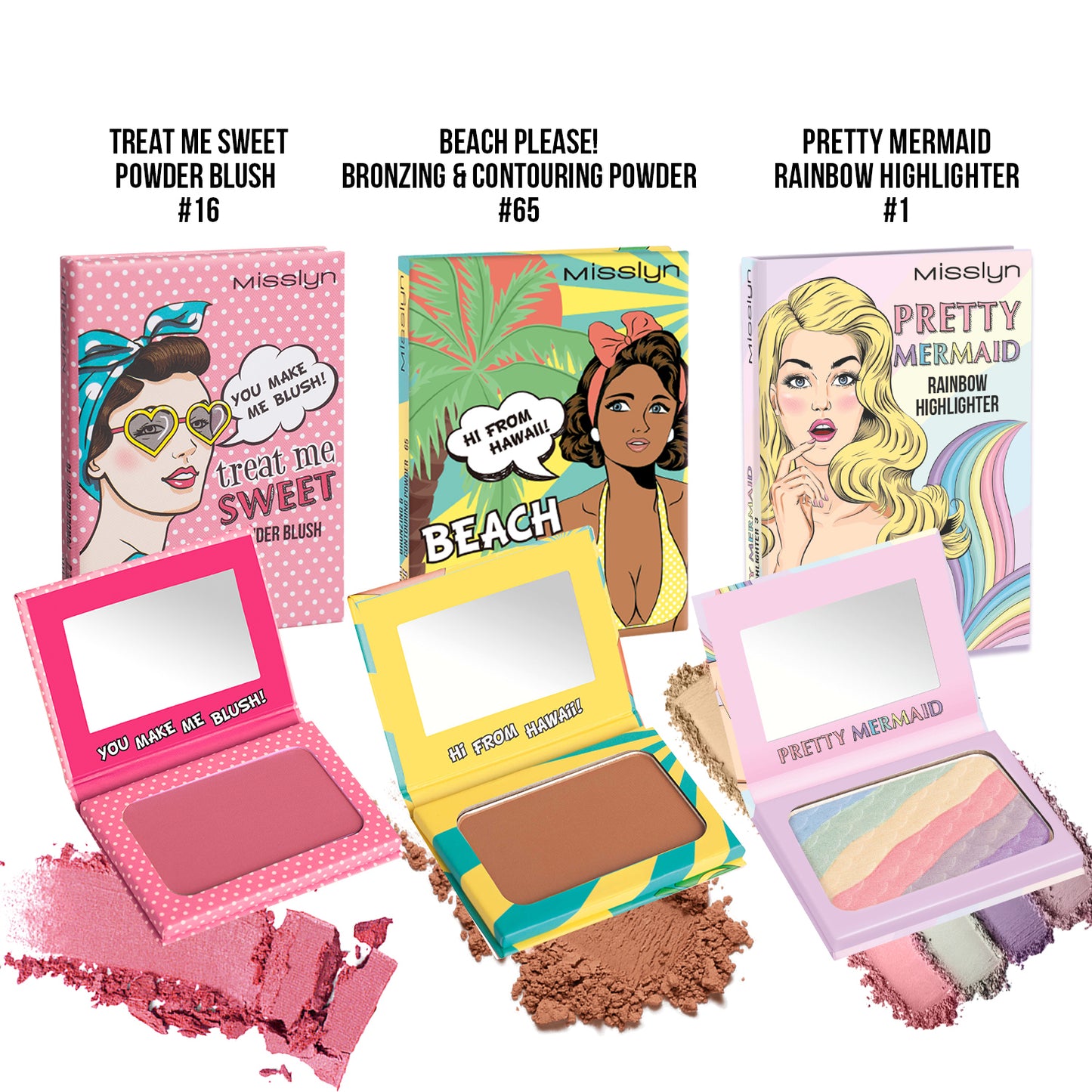 TREAT ME SWEET POWDER BLUSH & PRETTY MERMAID RAINBOW HIGHLIGHTER & BEACH PLEASE! BRONZING & CONTOURING POWDER