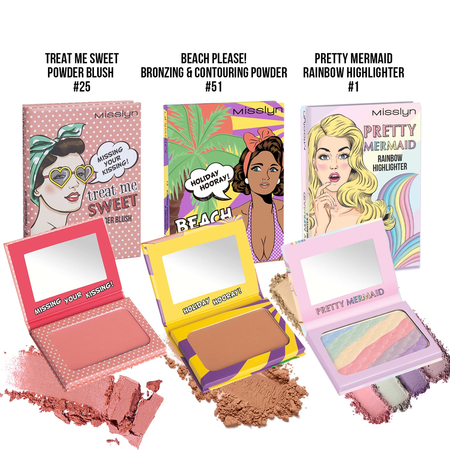 TREAT ME SWEET POWDER BLUSH & PRETTY MERMAID RAINBOW HIGHLIGHTER & BEACH PLEASE! BRONZING & CONTOURING POWDER