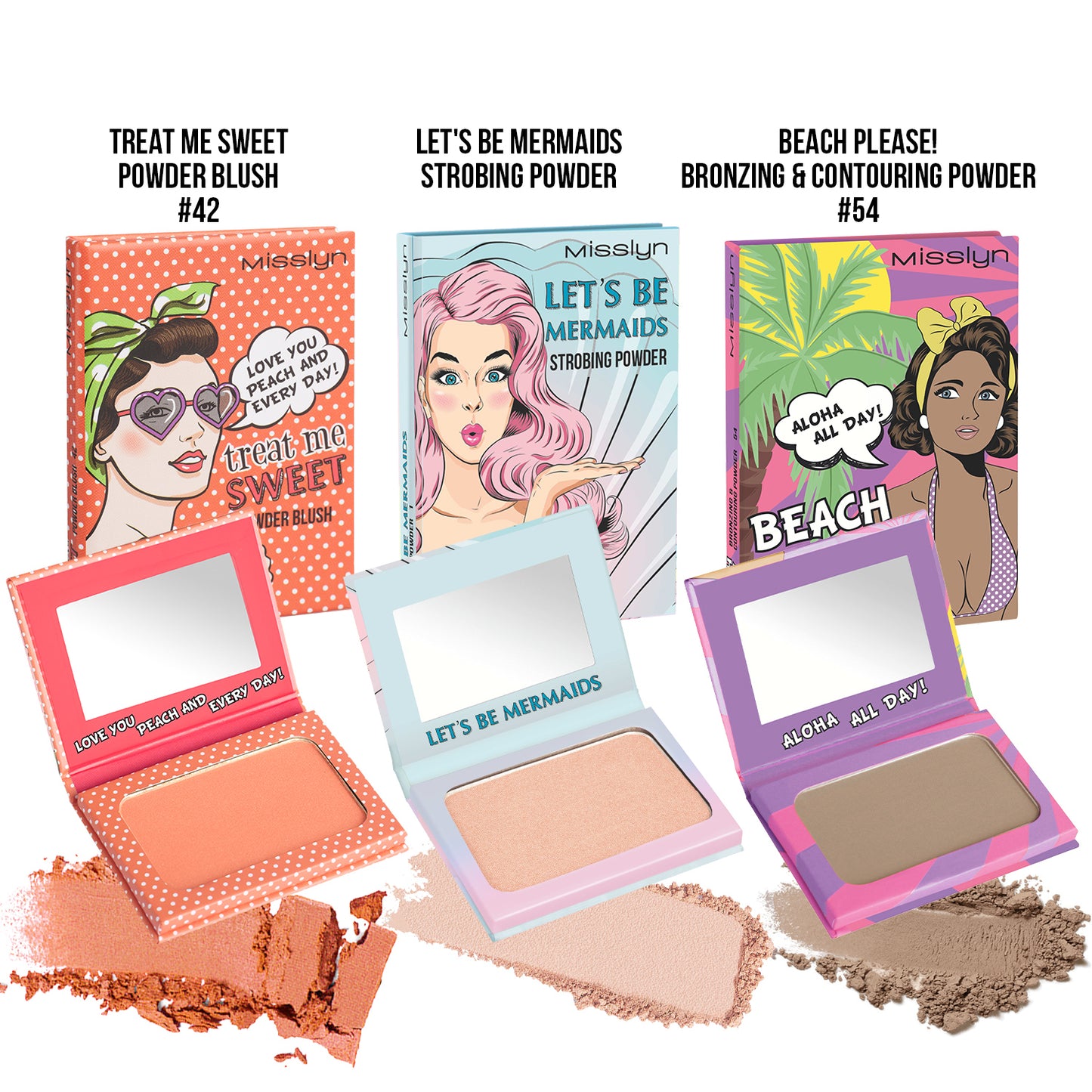 TREAT ME SWEET POWDER BLUSH & PRETTY MERMAID RAINBOW HIGHLIGHTER & BEACH PLEASE! BRONZING & CONTOURING POWDER