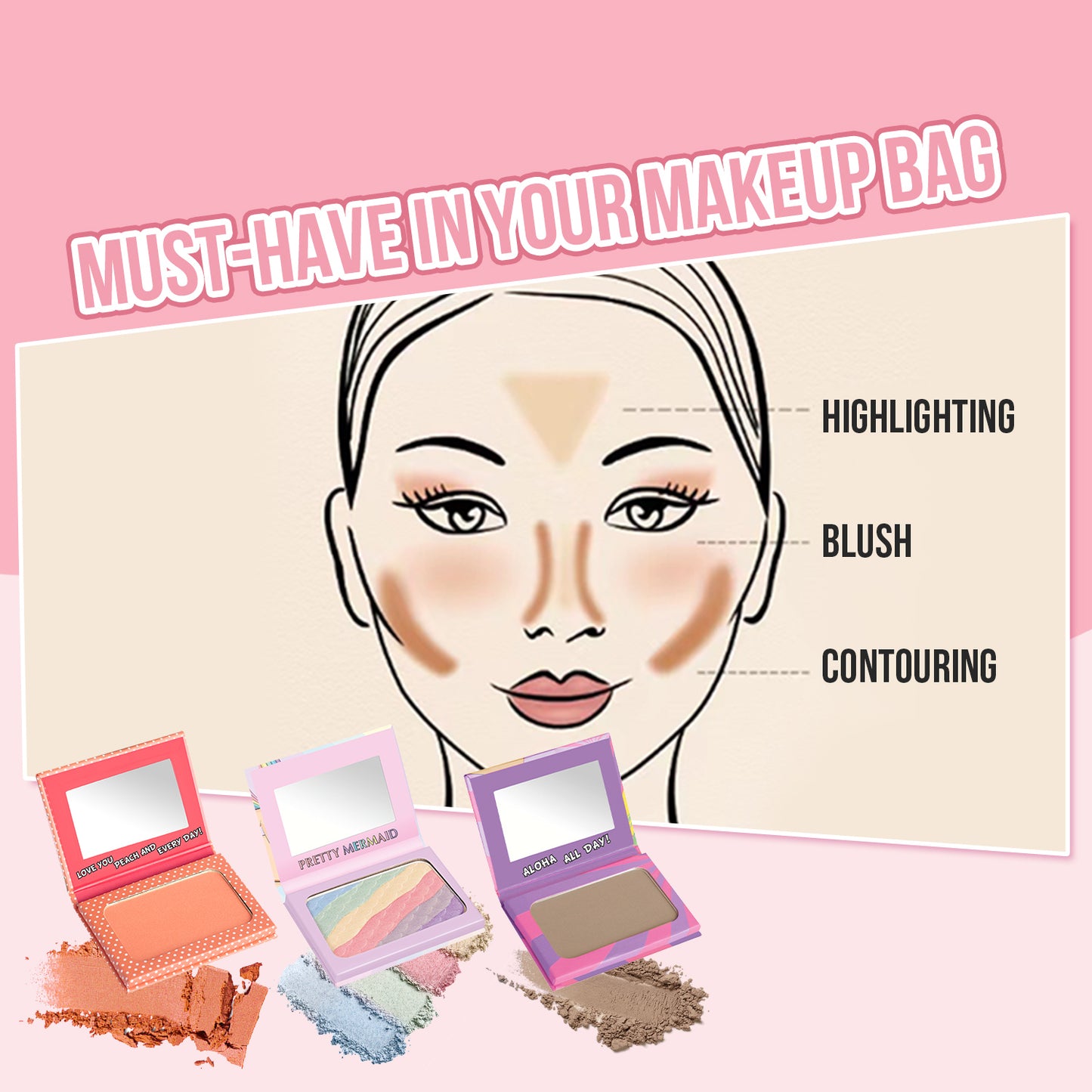 TREAT ME SWEET POWDER BLUSH & PRETTY MERMAID RAINBOW HIGHLIGHTER & BEACH PLEASE! BRONZING & CONTOURING POWDER